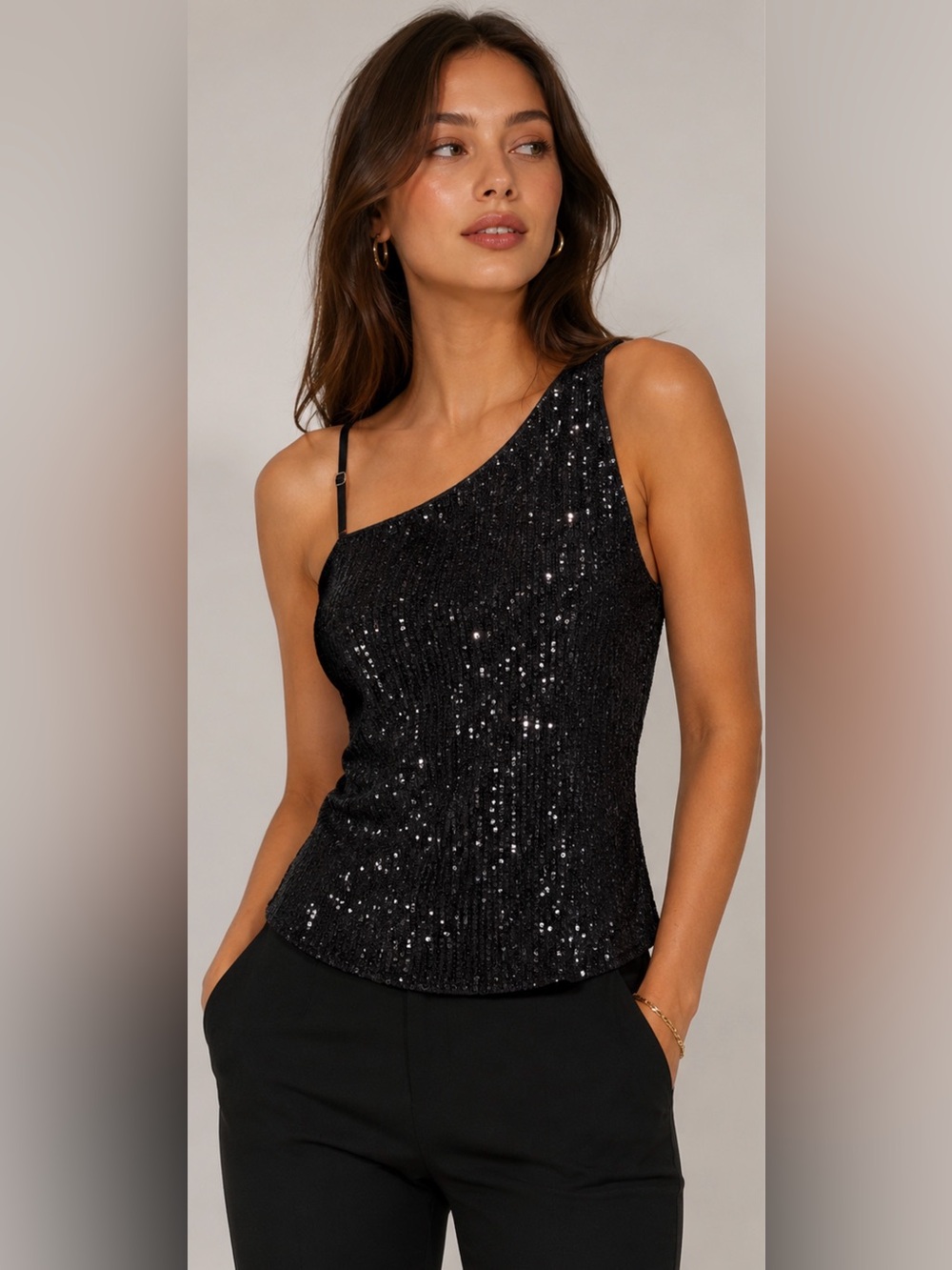 Grace Karin Black Sequin‎ One Shoulder Party Top Glam Y2K Evening Tank Medium